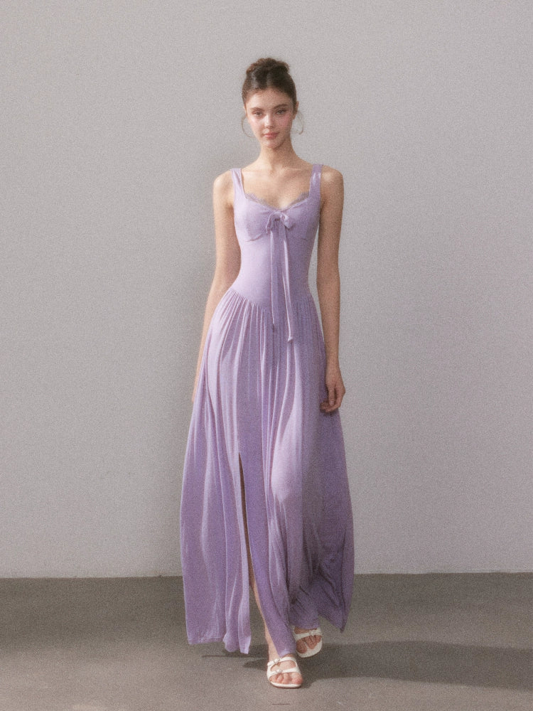 Lace Knit Spaghetti Strap Slit Long Dress