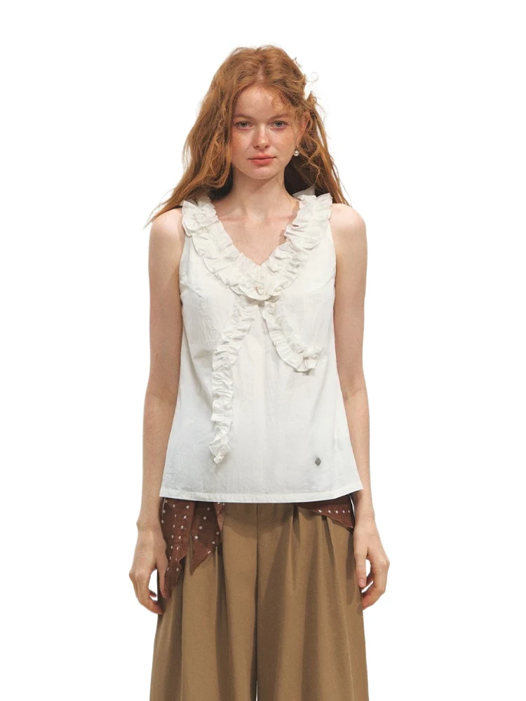 French Ruffle Lace Knotted Flower V-neck Top