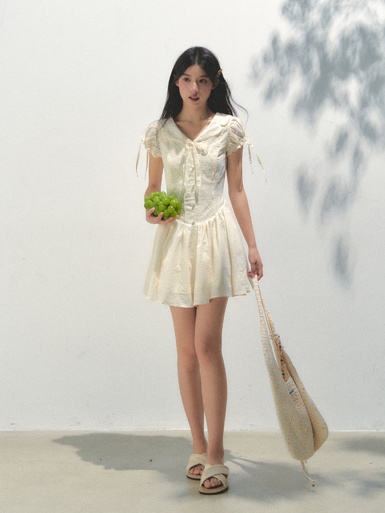Embroidered Shirt-Collar Tea-Break Dress