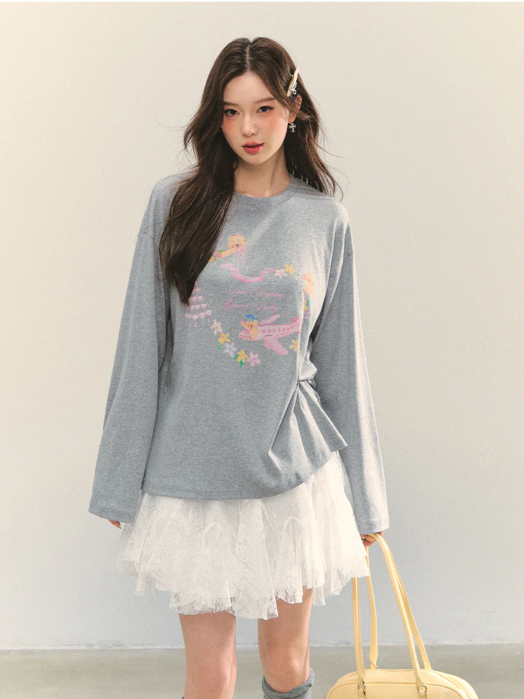 Crew Neck Dog Print Long-Sleeve Tee