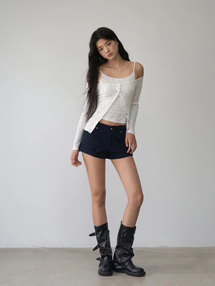 Printed Hollow-out Lace Trim One-Shoulder Top Set