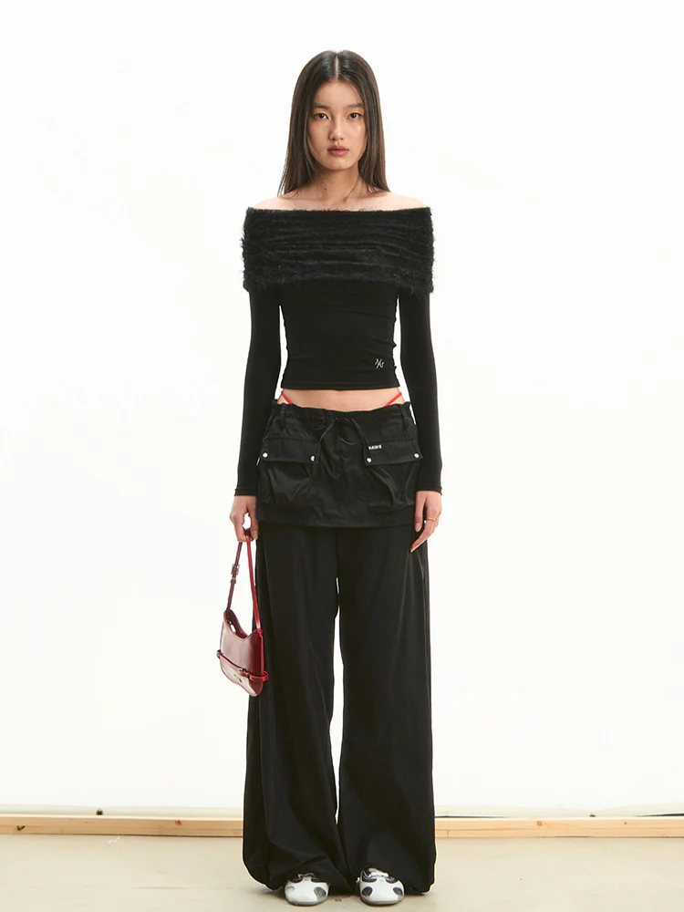 Faux Two-Piece Low-Waist Loose Drawstring Pants