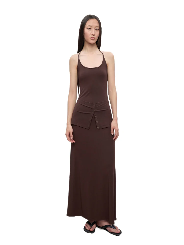 Deep U-Neck Button-Strapped Dress