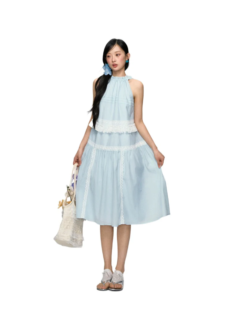 Halter Off-shoulder Lace-trimmed Dress