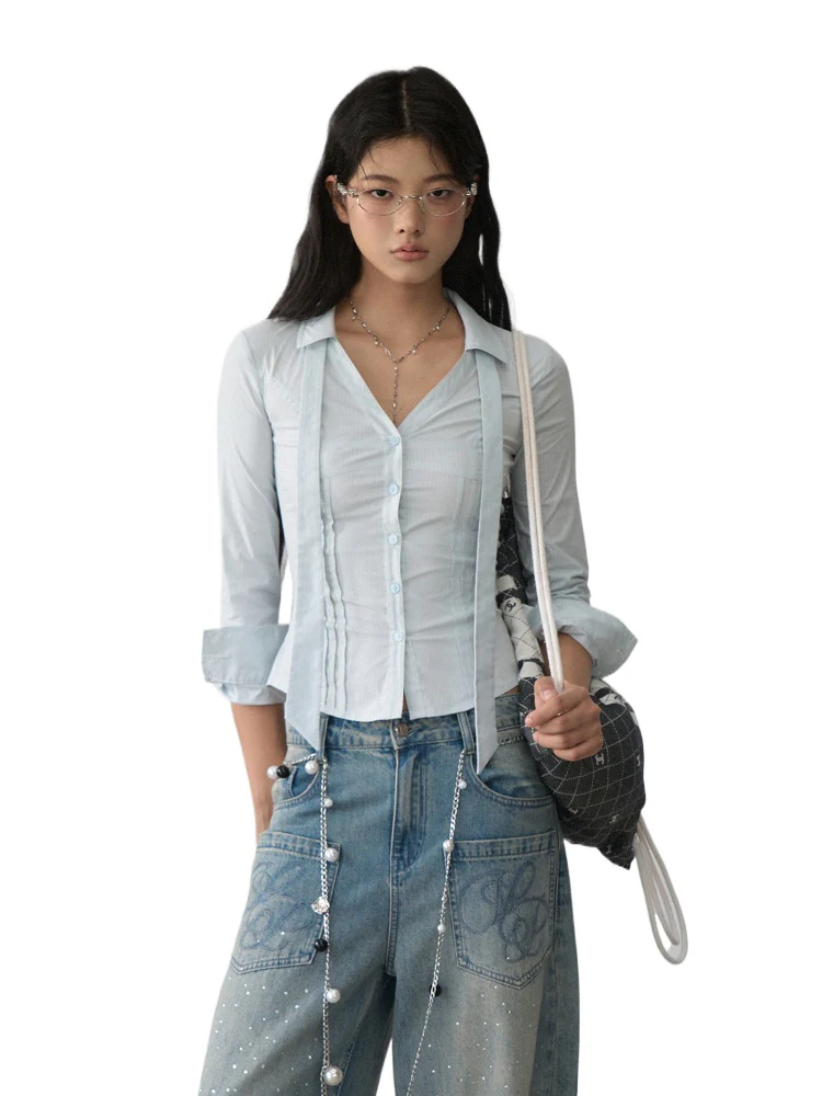 Contrast-colored Collared Waist-cinched Shirt