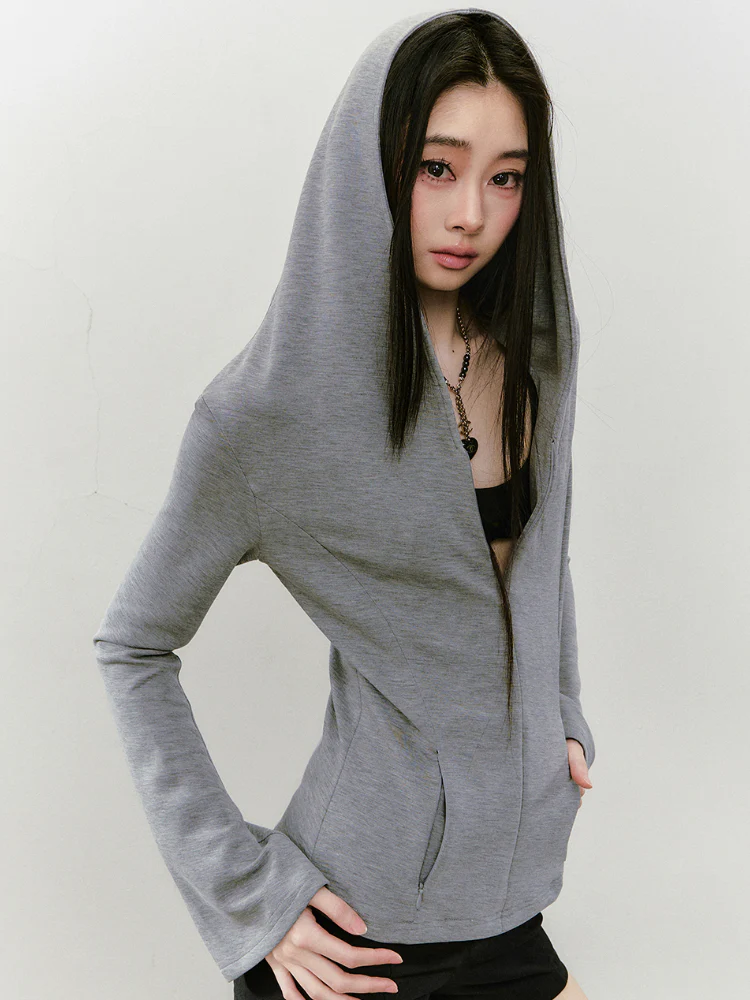 Flared Sleeve Waist-cinched Hooded Jacket