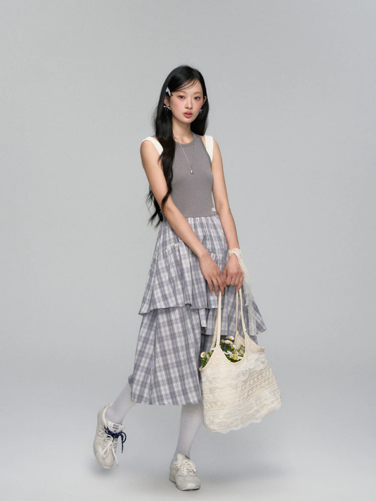 Plaid Asymmetric Sleeveless Vest Dress