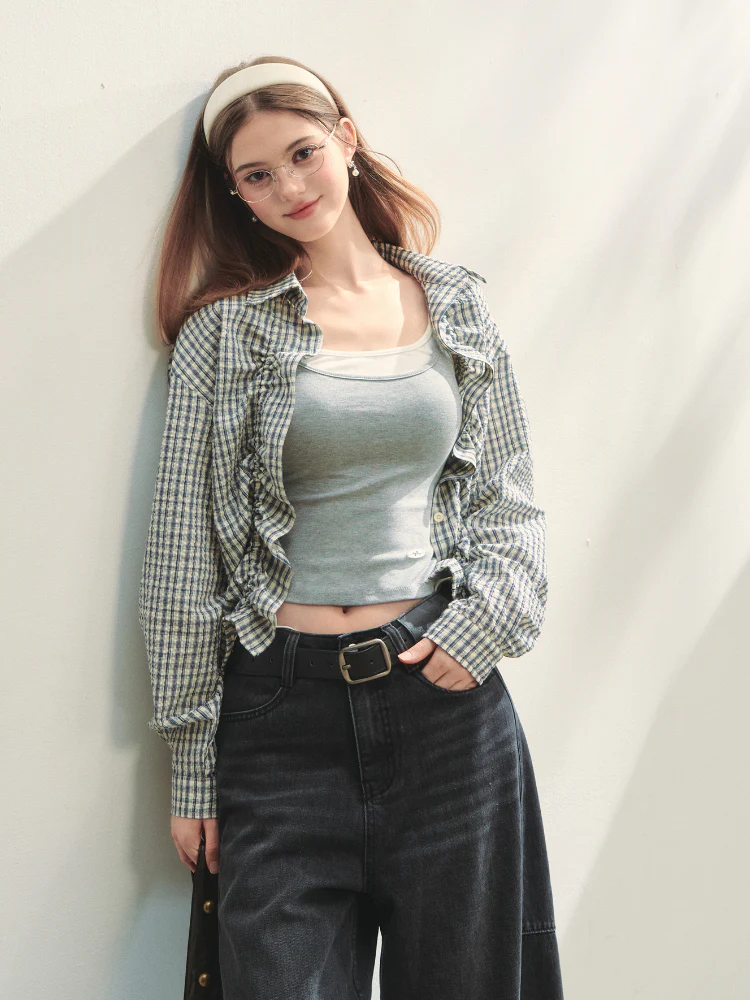 Checkered Contrast Hem Drawstring Pleated Shirt