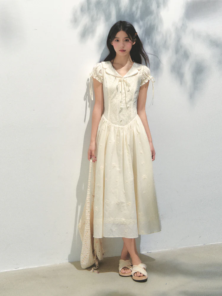 Embroidered Shirt-Collar Tea-Break Dress