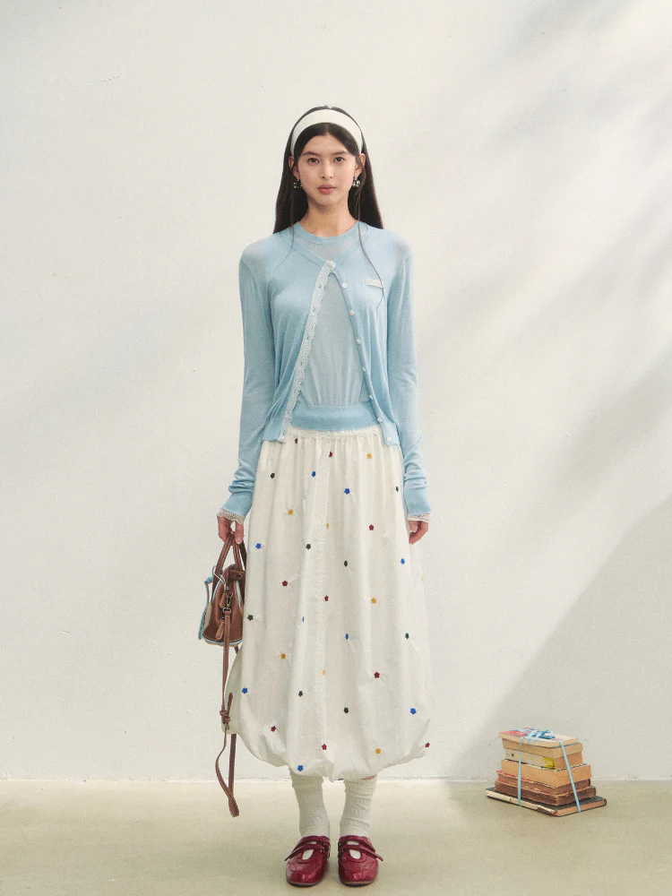 Lace Trimmed Crew Neck Knitted Cardigan Set