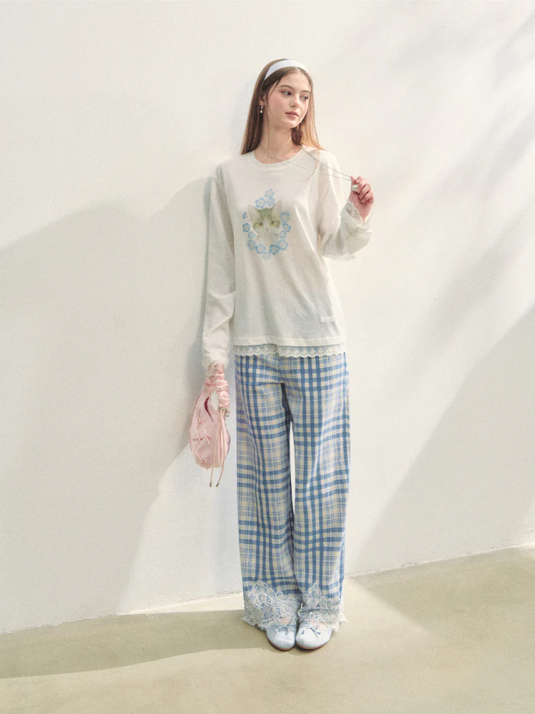 Lace Panel Animal Print Long-Sleeve Tee