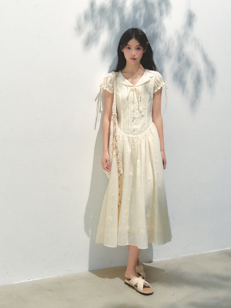 Embroidered Shirt-Collar Tea-Break Dress