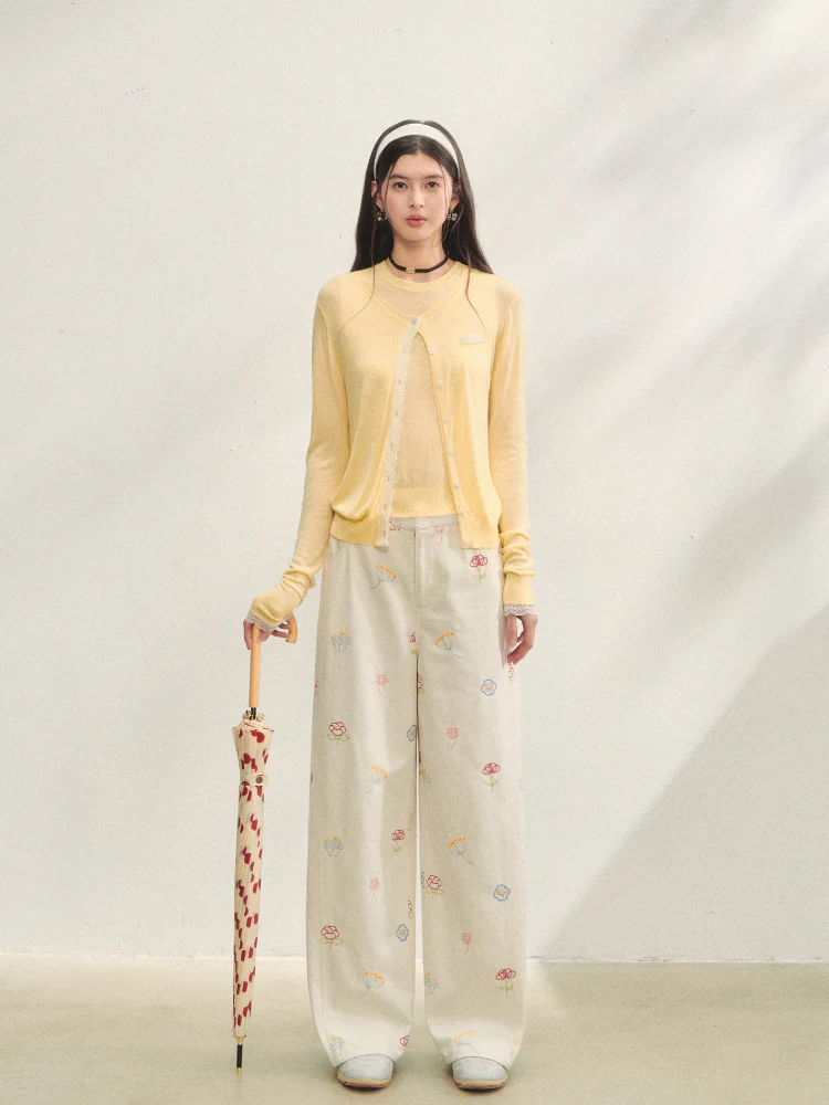 Lace Trimmed Crew Neck Knitted Cardigan Set