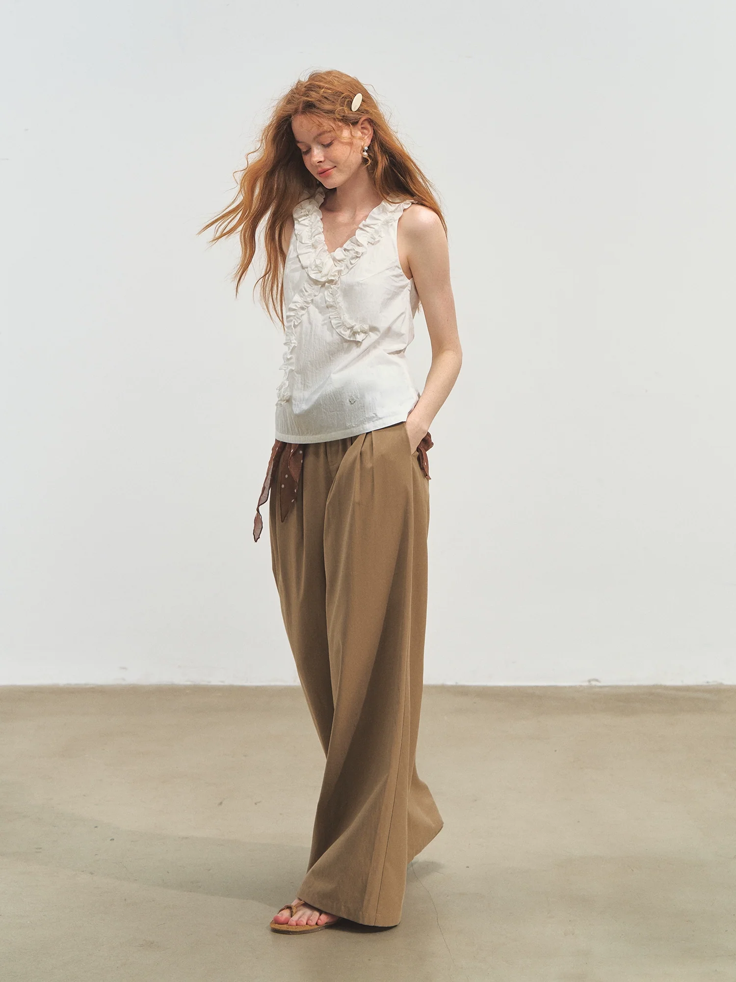 French Ruffle Lace Knotted Flower V-neck Top