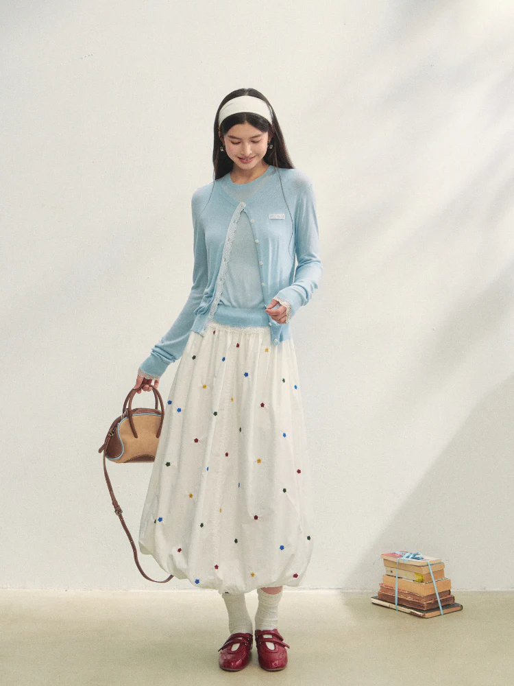 Lace Trimmed Crew Neck Knitted Cardigan Set