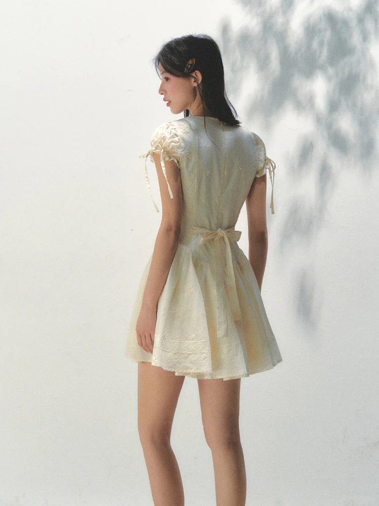 Embroidered Shirt-Collar Tea-Break Dress