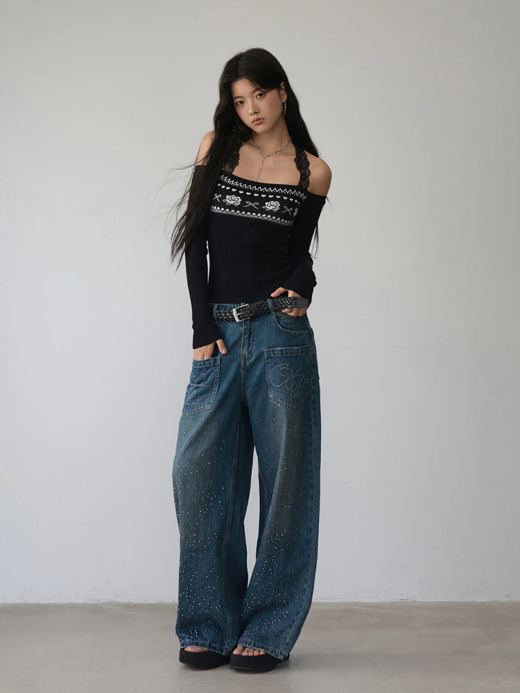 Lace Halter Two-way One-shoulder Sweater