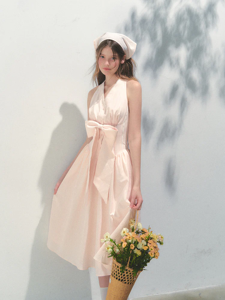 Halter V-neck Sling Bow Dress