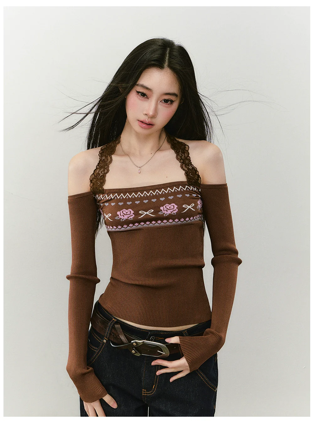 Lace Halter Two-way One-shoulder Sweater