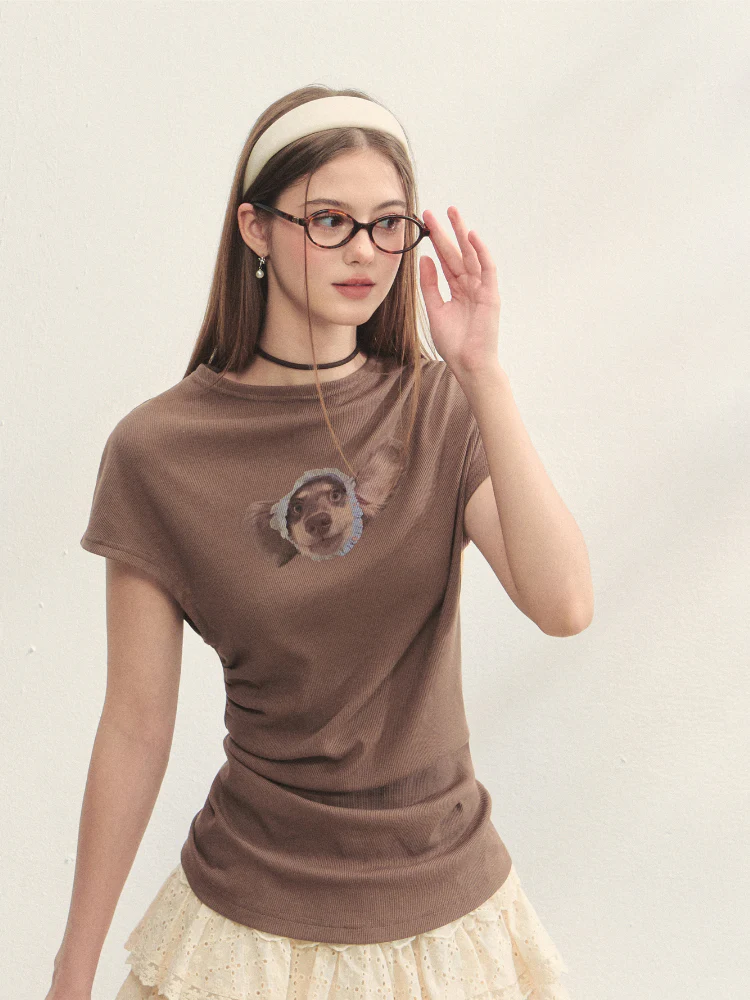 Elastic Pleated Crew Neck T-shirt