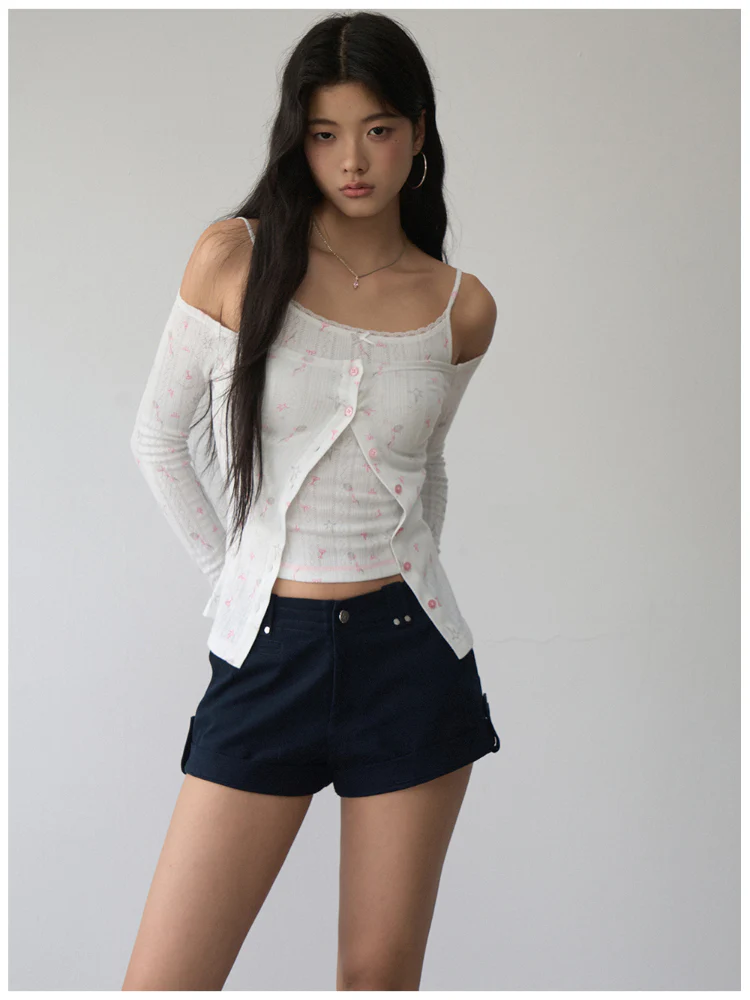 Printed Hollow-out Lace Trim One-Shoulder Top Set