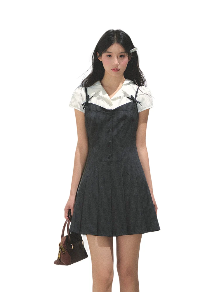 Academy Style Fake Two-piece Pleated Dress