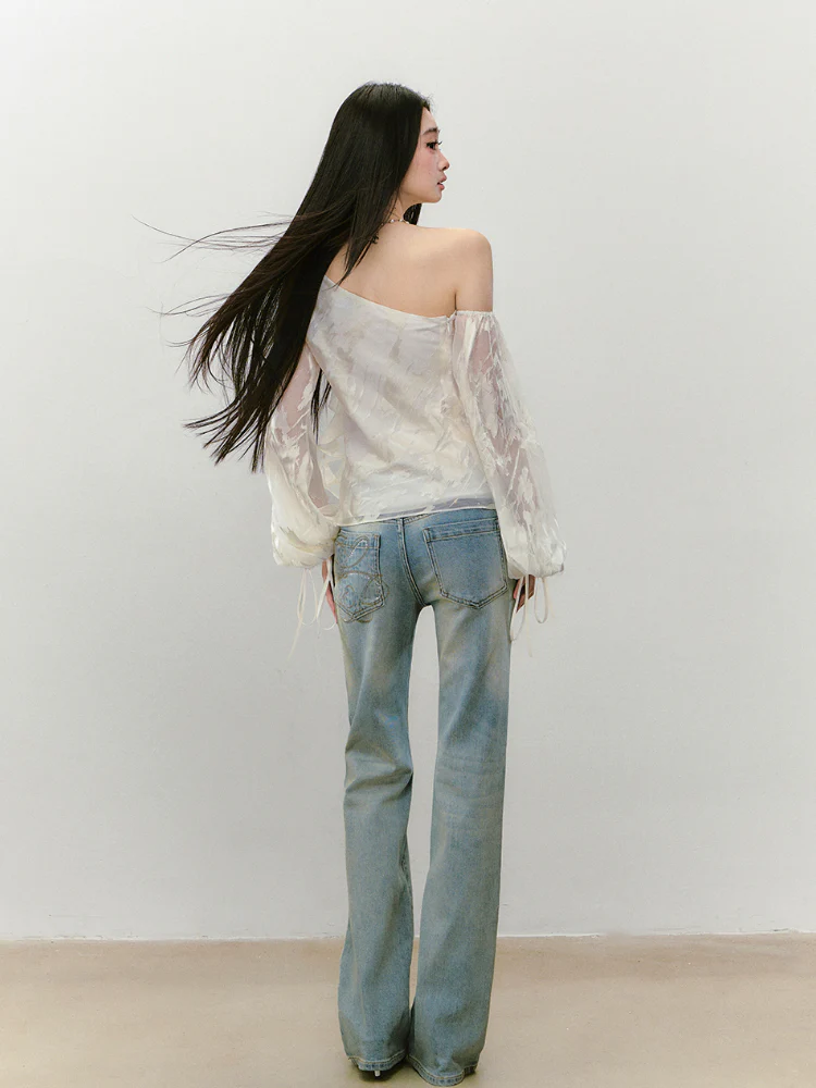 Irregular Slant Shoulder Lantern Sleeve T-shirt