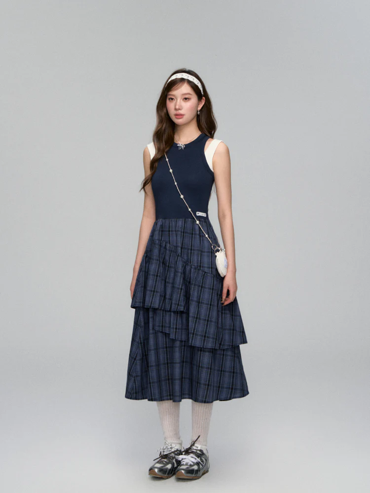 Plaid Asymmetric Sleeveless Vest Dress
