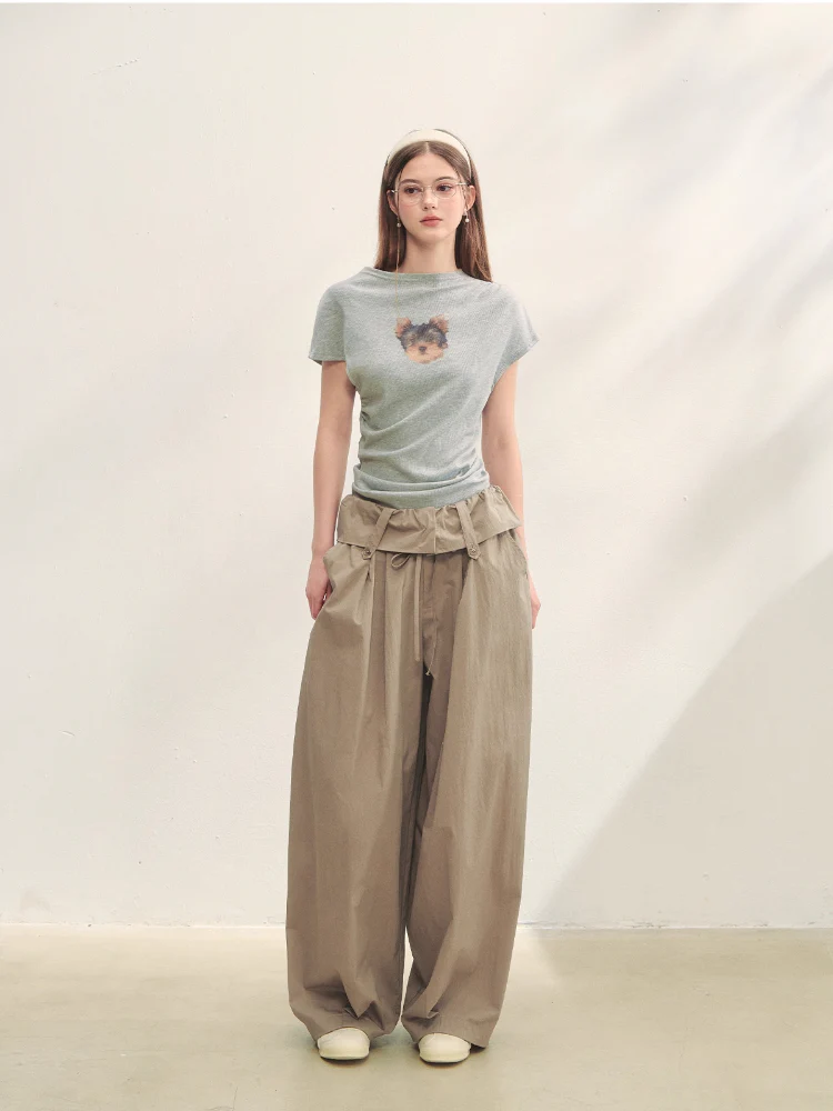 Elastic Pleated Crew Neck T-shirt