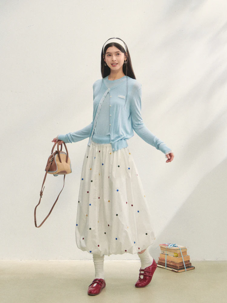 Lace Trimmed Crew Neck Knitted Cardigan Set