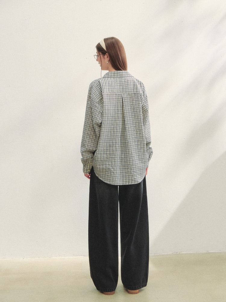 Checkered Contrast Hem Drawstring Pleated Shirt