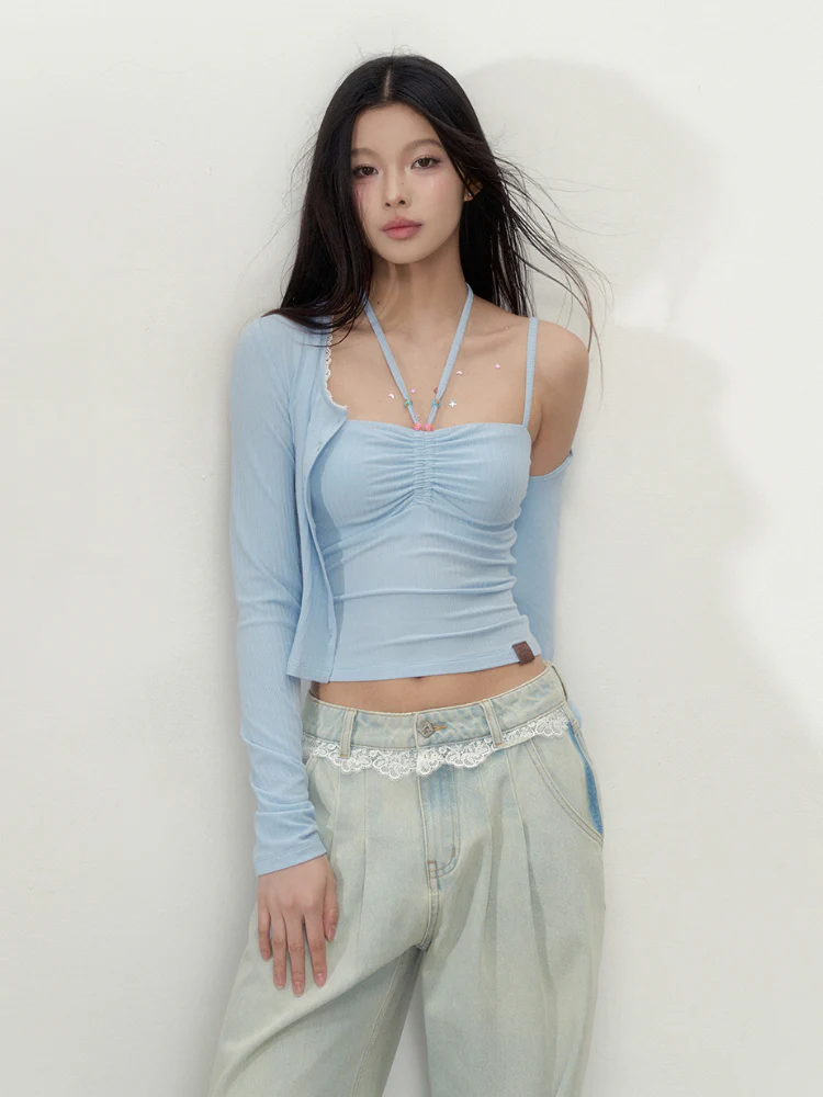 Lace-Panel Loose Straight Denim Jeans