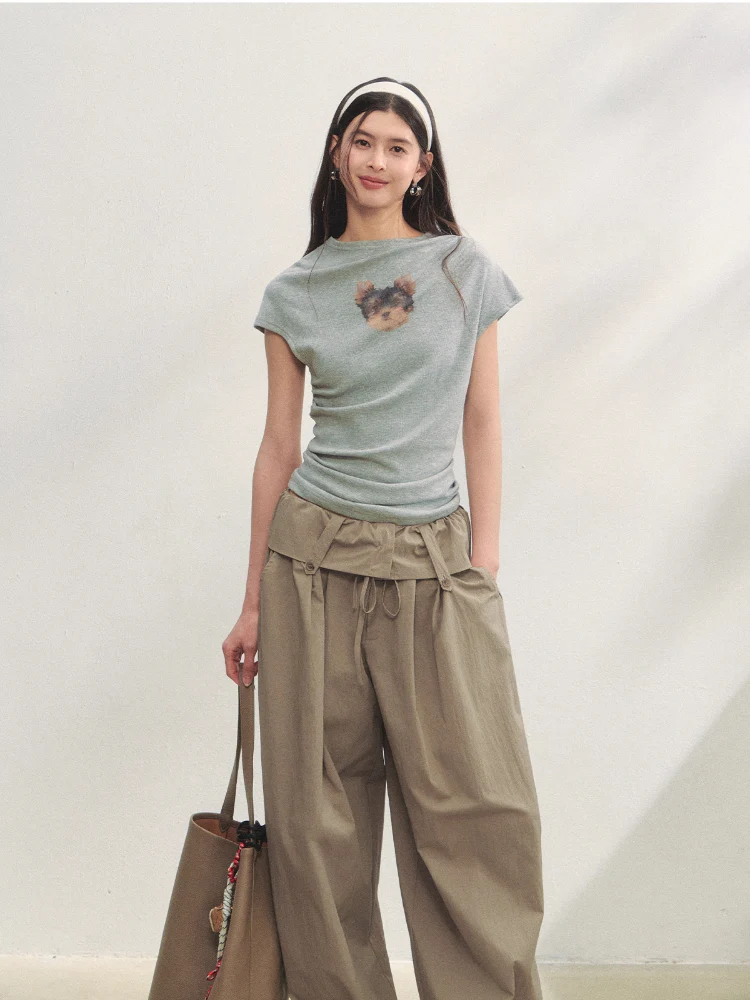 Elastic Pleated Crew Neck T-shirt