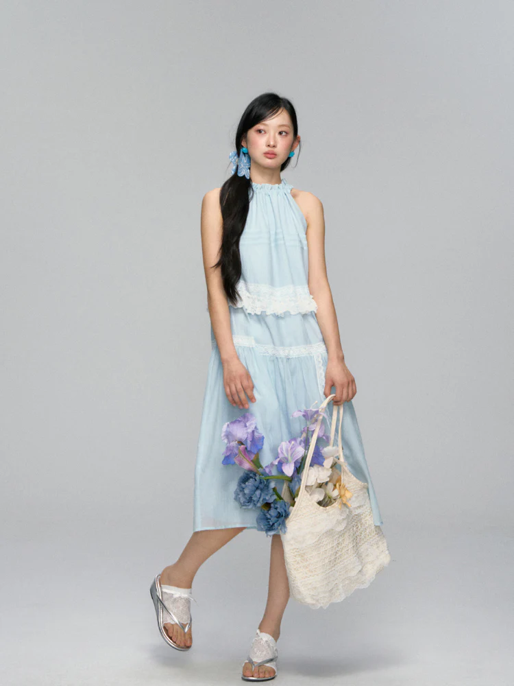 Halter Off-shoulder Lace-trimmed Dress