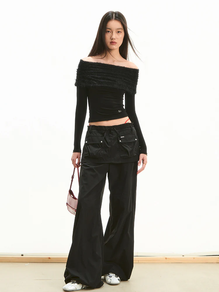 Faux Two-Piece Low-Waist Loose Drawstring Pants