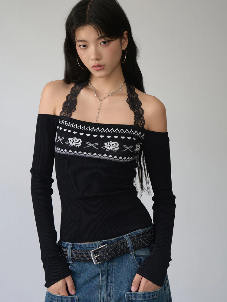 Lace Halter Two-way One-shoulder Sweater