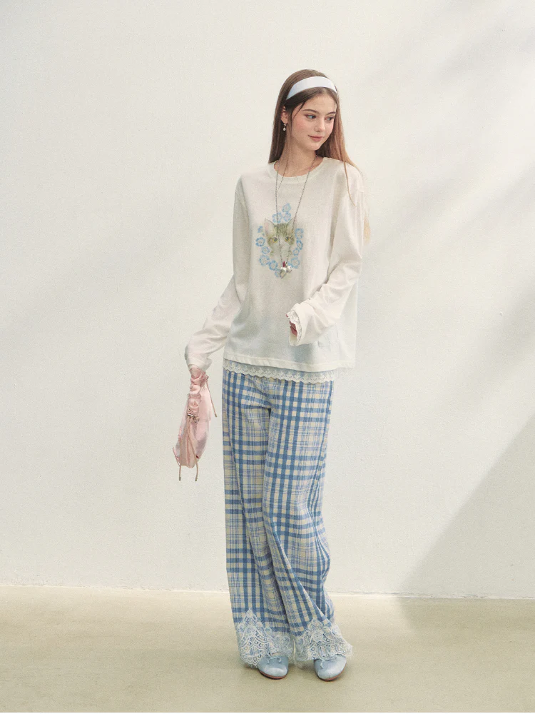 Lace Panel Animal Print Long-Sleeve Tee