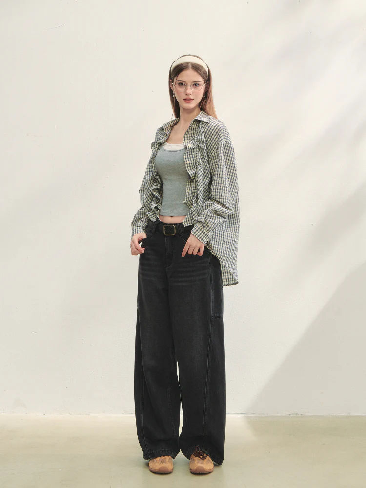 Checkered Contrast Hem Drawstring Pleated Shirt