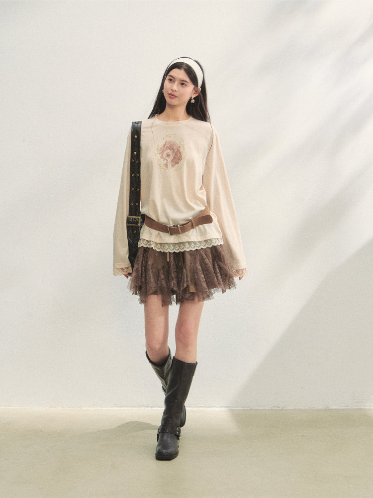 Lace Panel Animal Print Long-Sleeve Tee
