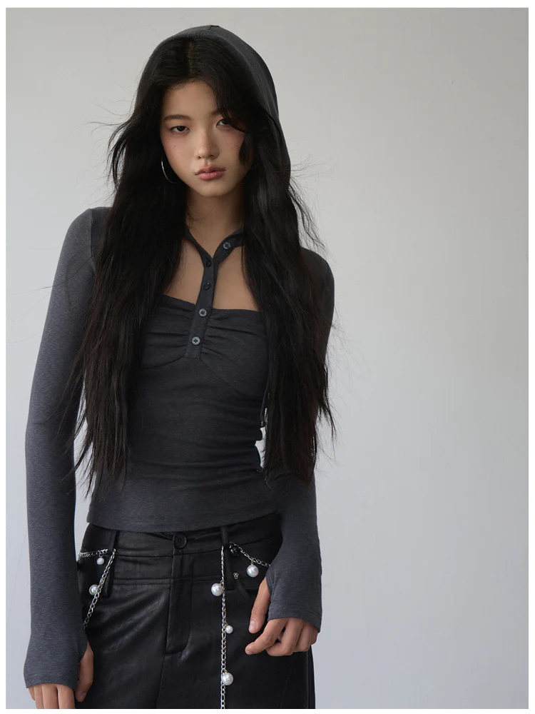 Hooded Hollow-out Long-sleeved T-shirt