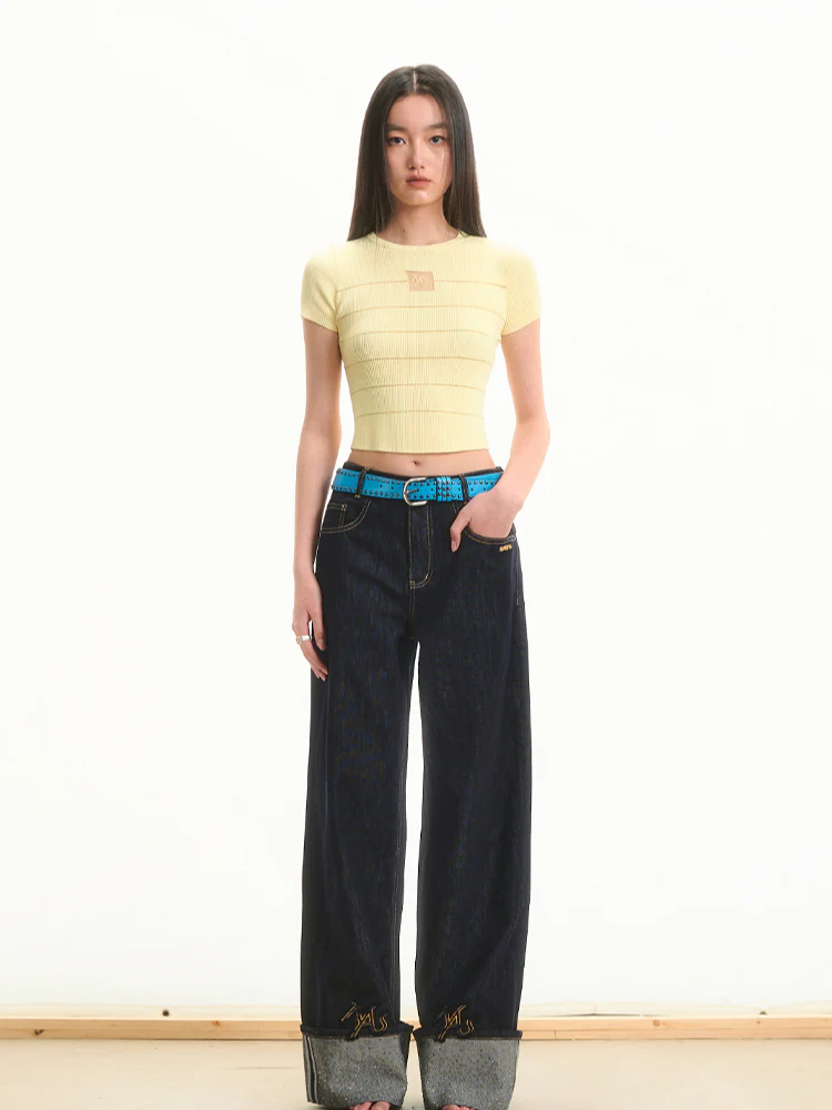 Transparent Rhinestone Straight-Leg Jeans