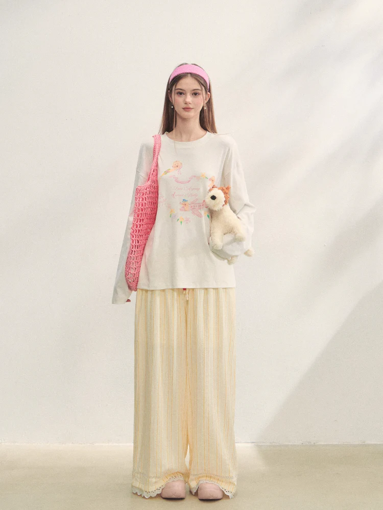 Crew Neck Dog Print Long-Sleeve Tee