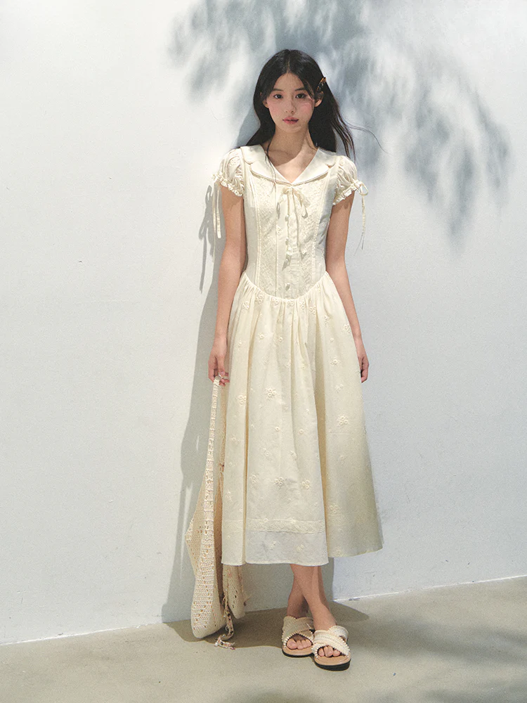 Embroidered Shirt-Collar Tea-Break Dress