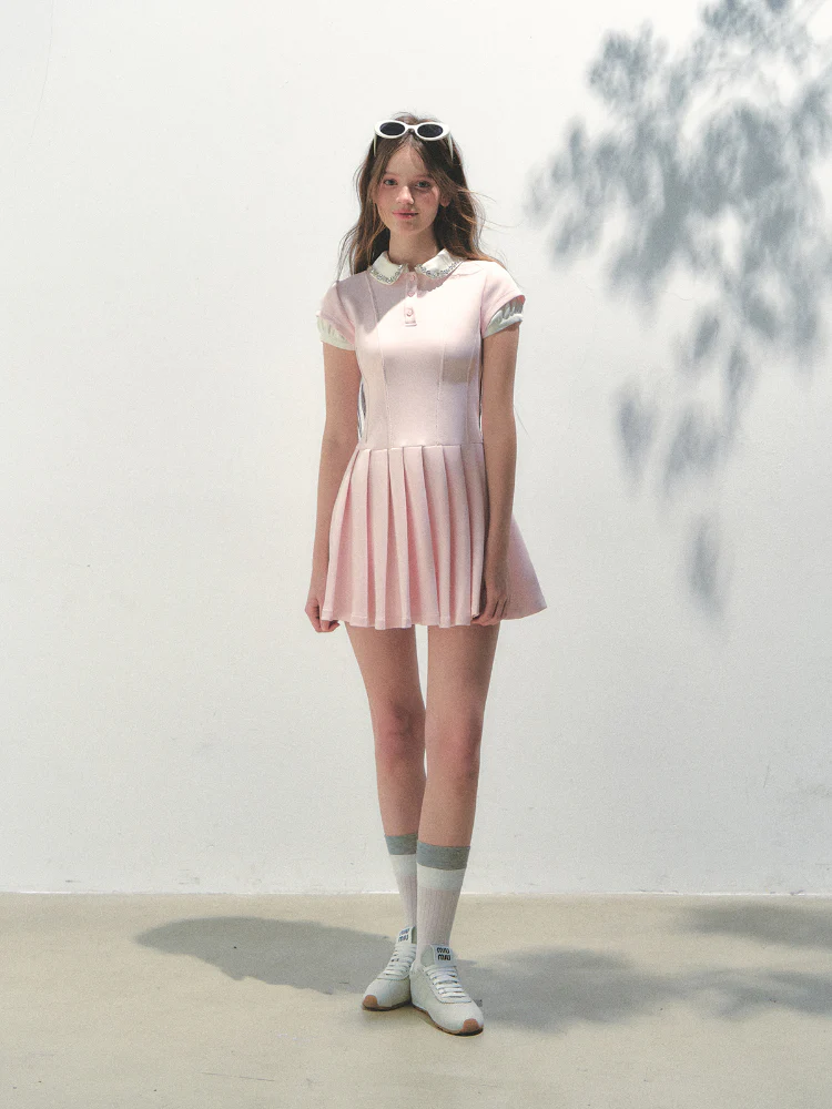 Polo Collar Rhinestone Pleated Dress