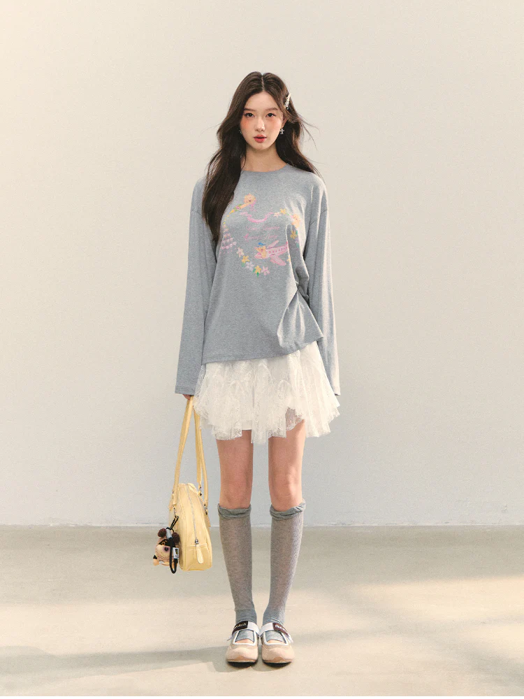 Crew Neck Dog Print Long-Sleeve Tee