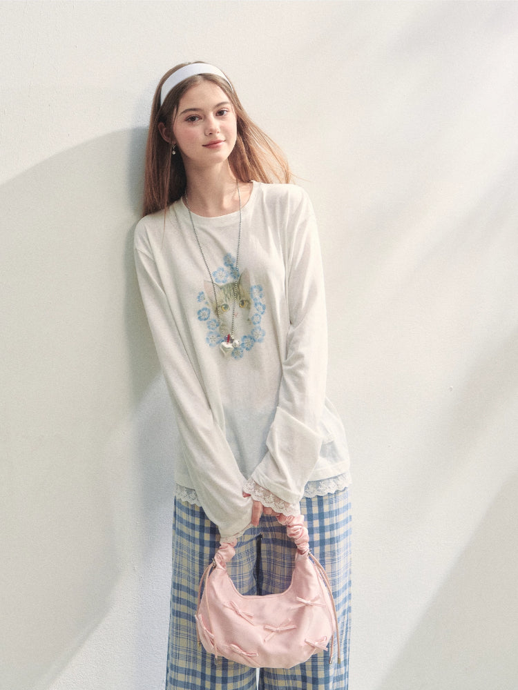 Lace Panel Animal Print Long-Sleeve Tee