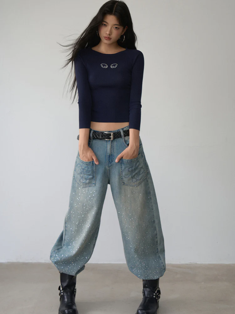 Rhinestone Heart Wings Slim Long-sleeved T-shirt