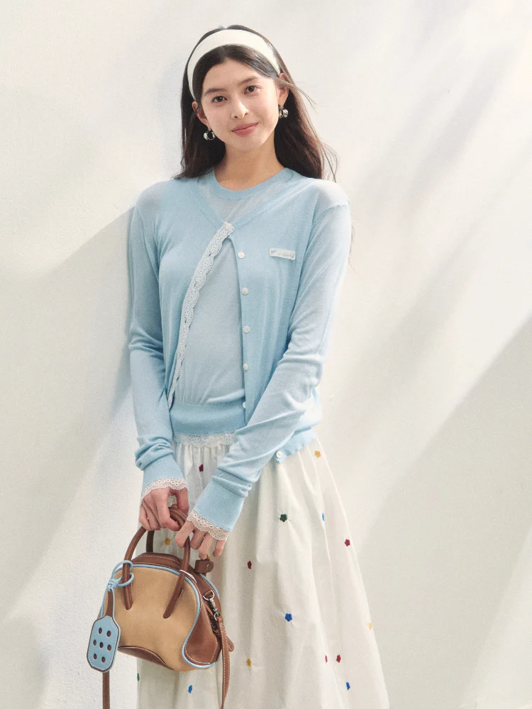 Lace Trimmed Crew Neck Knitted Cardigan Set