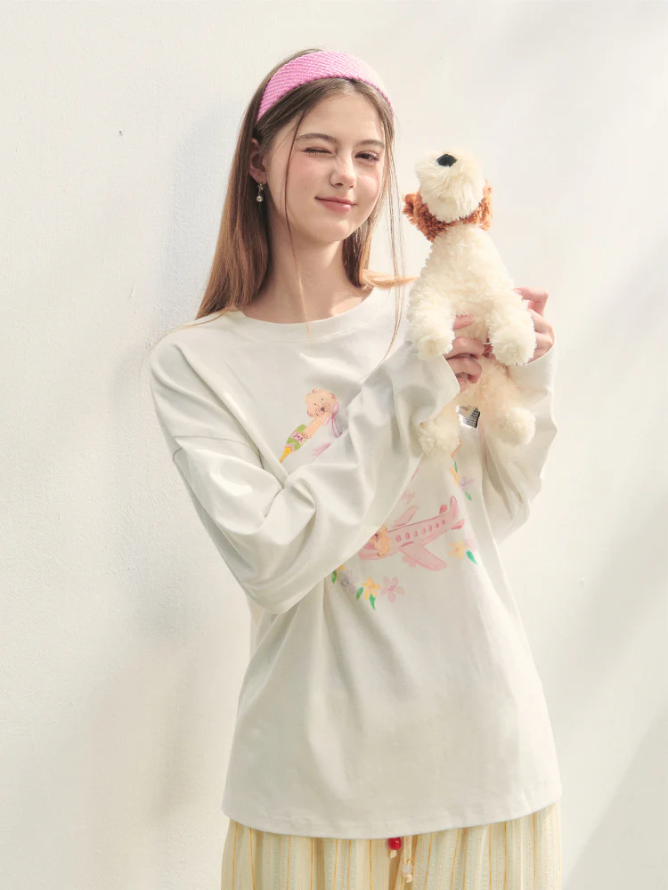 Crew Neck Dog Print Long-Sleeve Tee