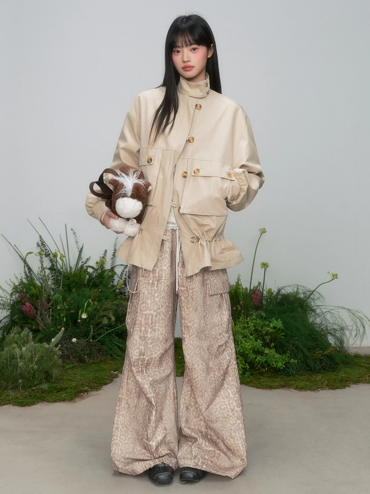 Leopard Print Cargo Drawstring Wide-Leg Pants